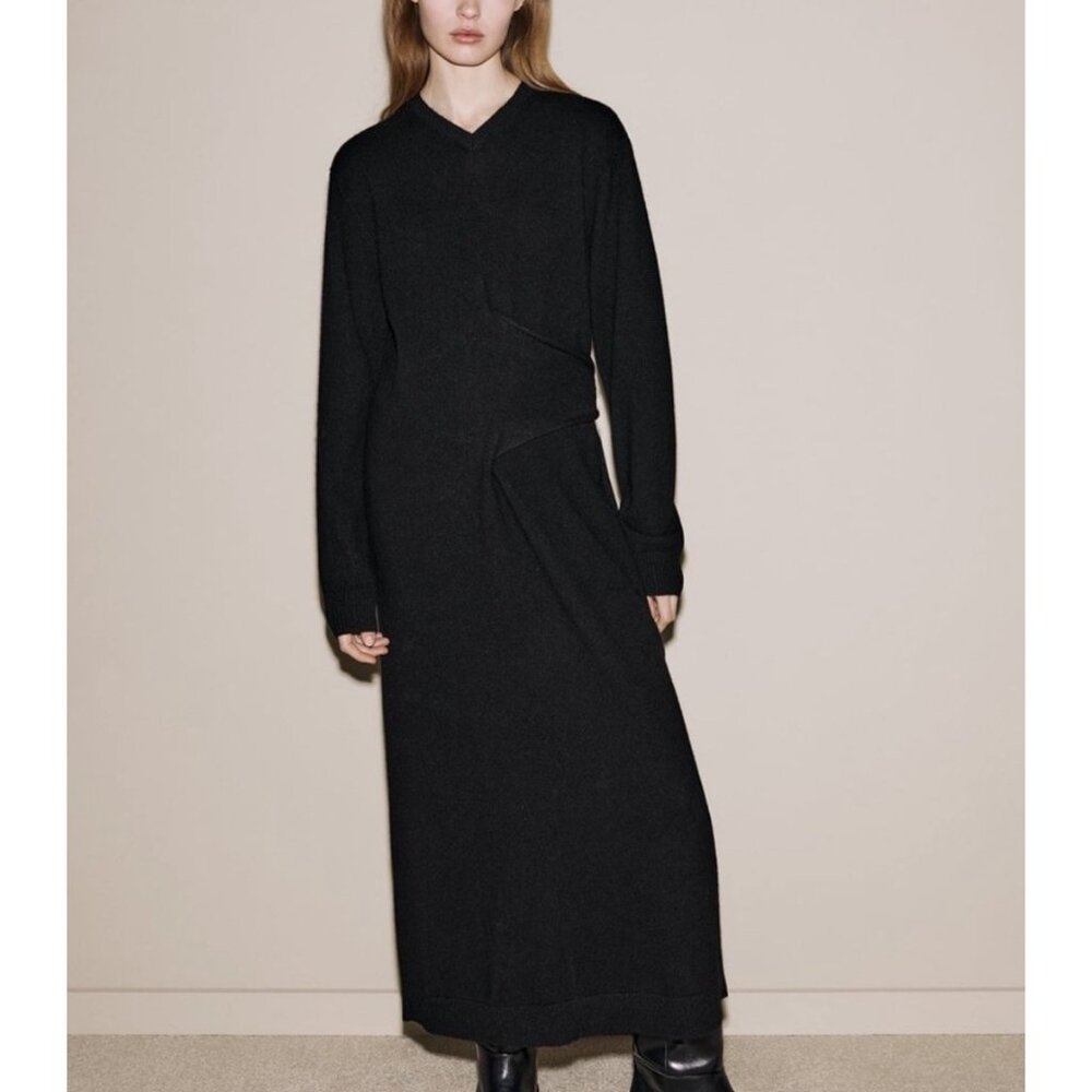 Zara FW2024 100% Cashmere‎ Knotted long sweater dress black sz M